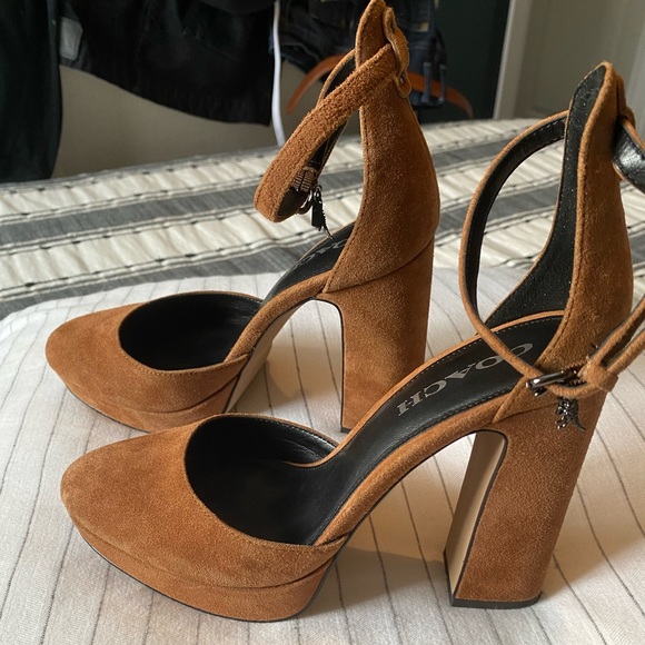 Coach Chrystie Platform Heel, Tan Brown Suede Ankle strap - Picture 2 of 6